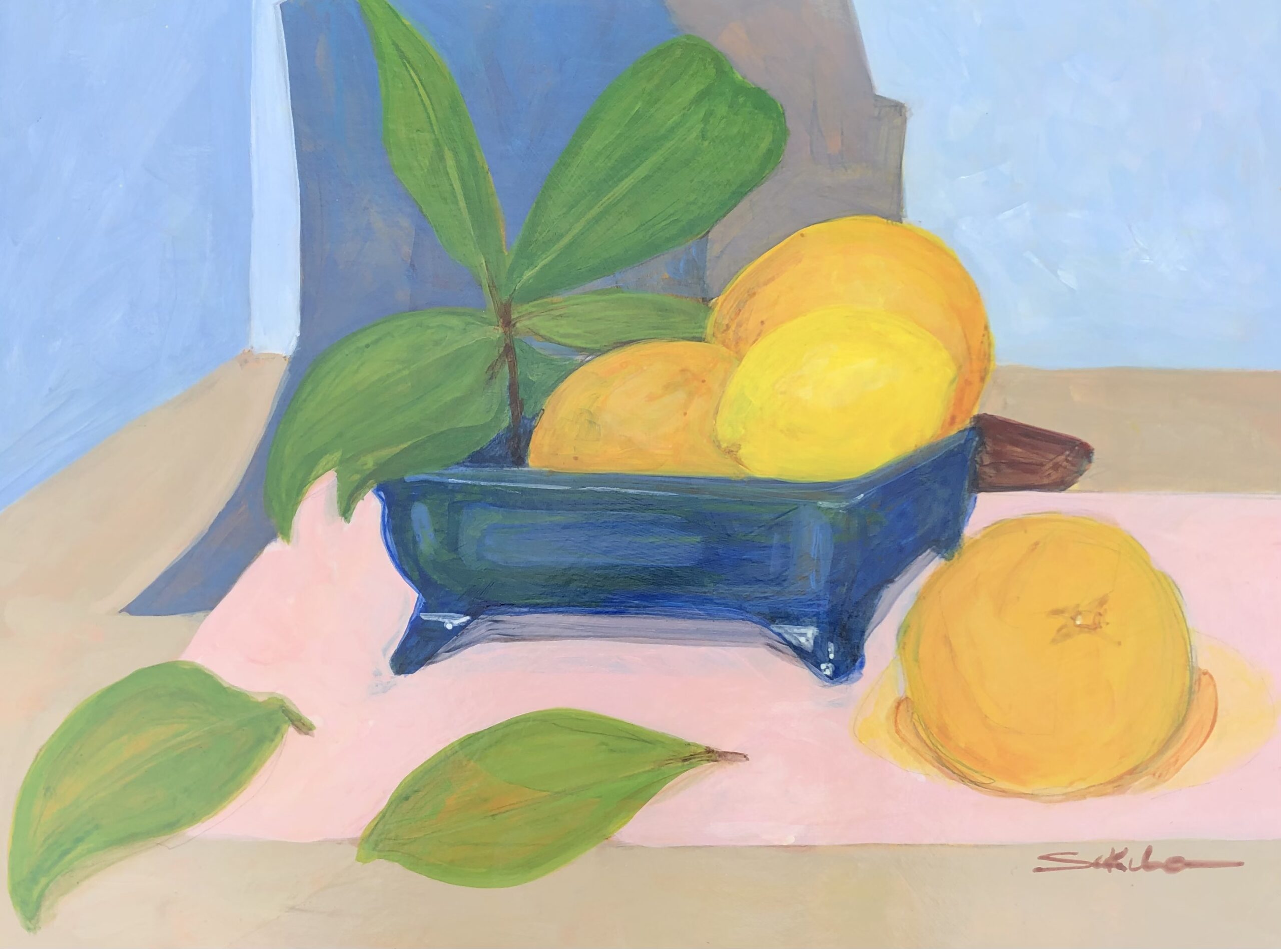 Still Life of Blue Container, Magnolia Leaves, Lemon and Three Oranges
